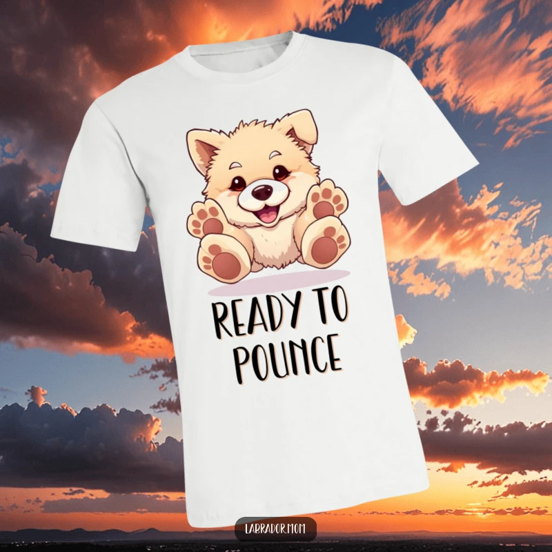 Funny T-Shirt showing a fluffy, happy dog with oversized paws playfully pouncing forward, full of energy and charm.