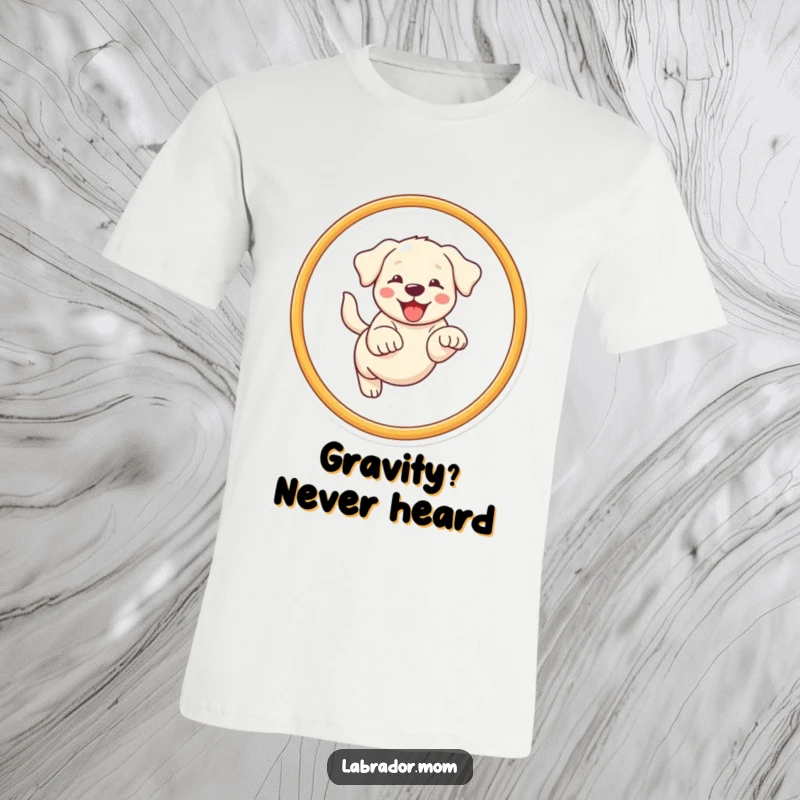 Funny Kawaii Labrador t-shirt depicting a happy dog energetically leaping through a hoop, perfect funny gift.