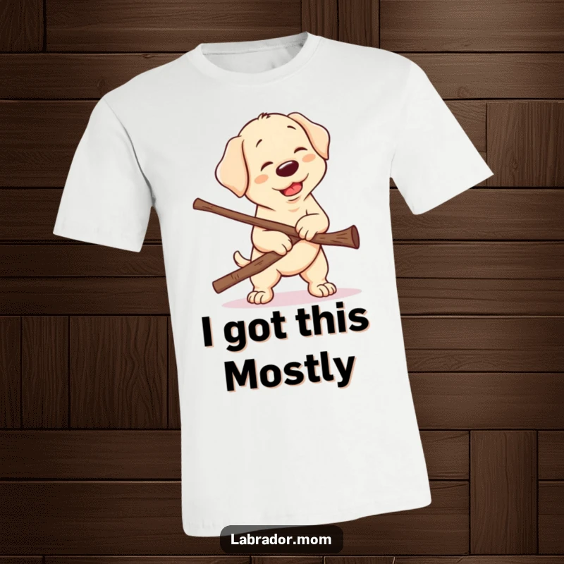 Funny Kawaii Labrador T-Shirt, a charming yellow lab battles to carry a stick far too big, showcasing adorable effort and humor