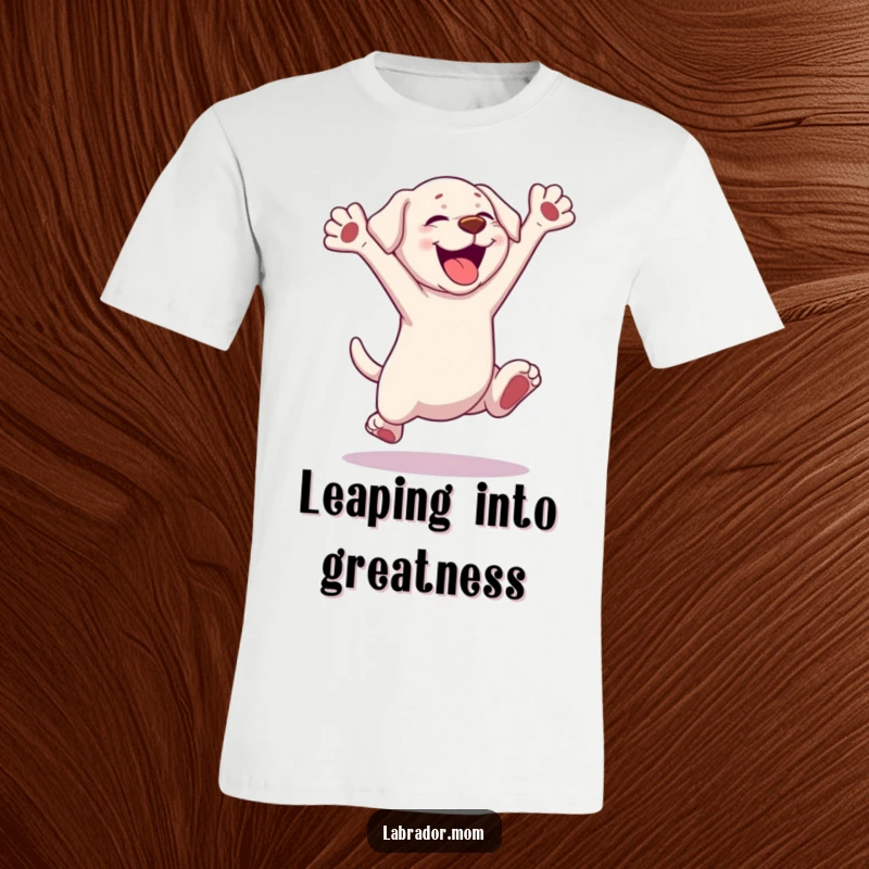 Funny Kawaii Labrador T-Shirt, a cute dog mid-leap with paws outstretched showing extreme excitement, ideal funny gift.