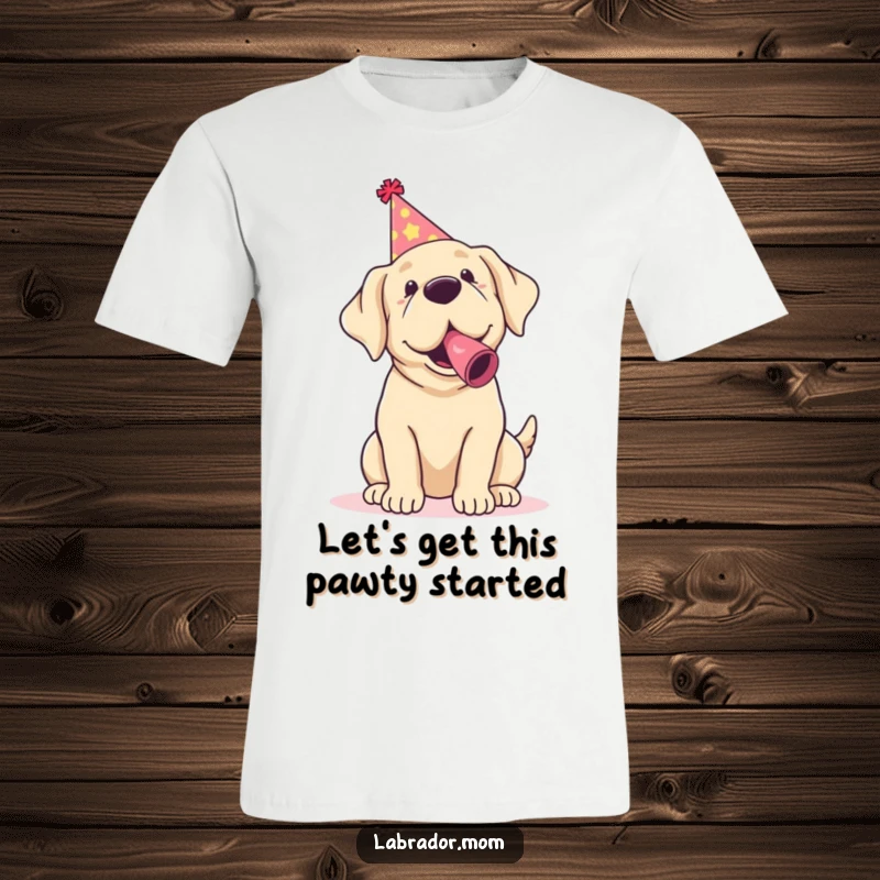 Funny Kawaii Labrador T-Shirt featuring a happy dog wearing a party hat and blowing a noisemaker, full of festive energy.