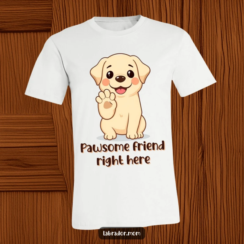 Funny Kawaii Labrador T-Shirt depicting a smiling dog offering its paw for a high-five, full of friendly enthusiasm.