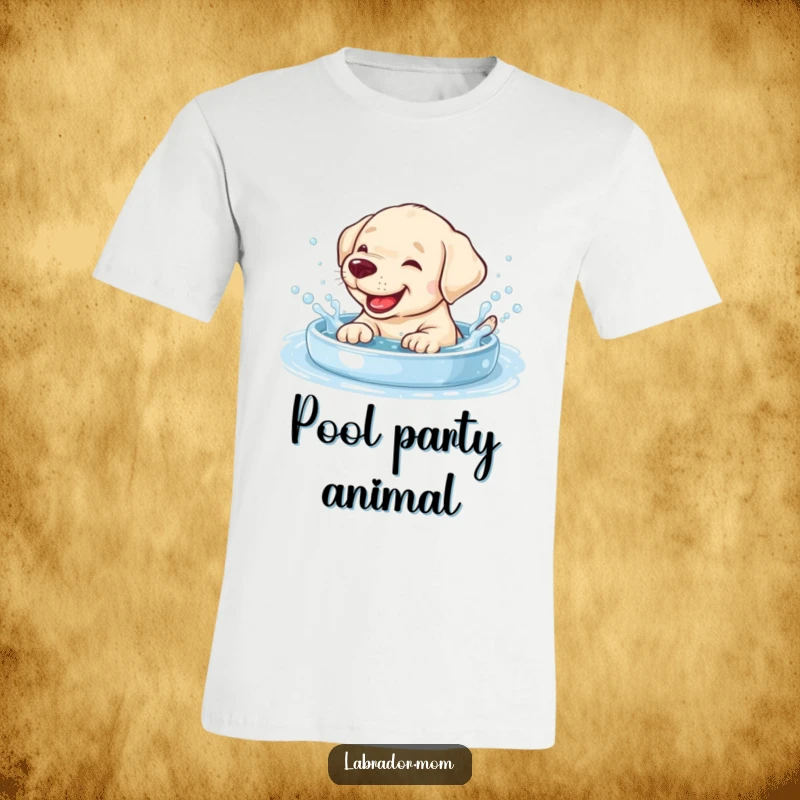 Funny giggling Labrador cub splashing in a bubbly pool on a comfortable t-shirt, ideal for casual wear.