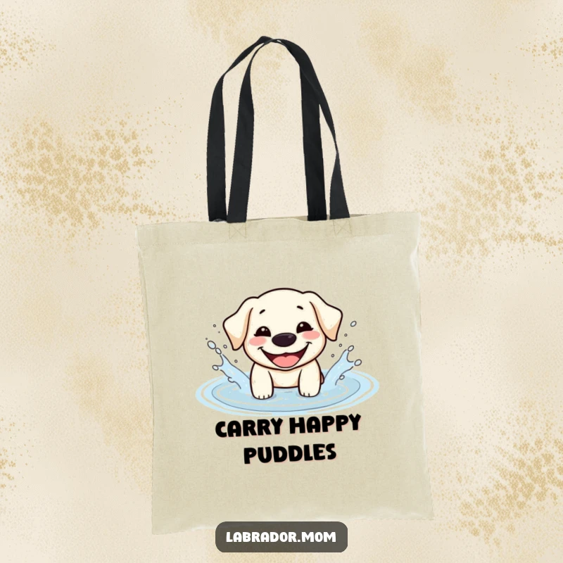 Funny Kawaii Labrador tote bag showing a happy dog with a big grin splashing in a puddle, perfect for carrying everyday joy.