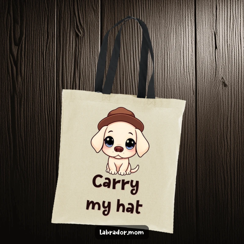 Funny Kawaii Labrador tote bag with big, innocent eyes balancing a hat, perfect for carrying everyday sweetness and humor.
