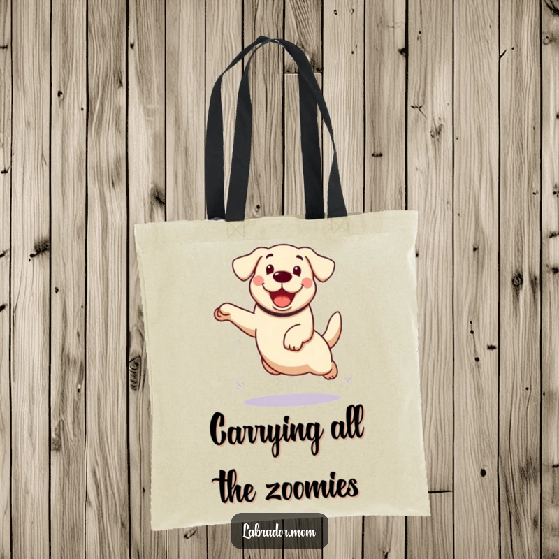 Funny kawaii Labrador dog tote bag, showing an enthusiastic leap, a durable and stylish accessory with a humorous dog theme.
