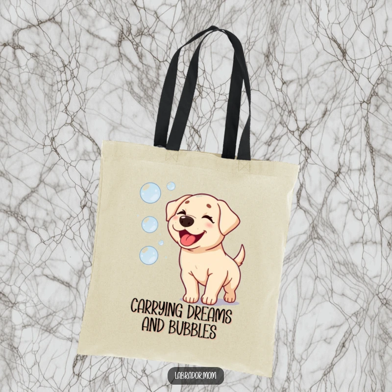 Funny Kawaii Labrador Tote Bag: A joyful, winking puppy energetically chases floating bubbles into the sky.