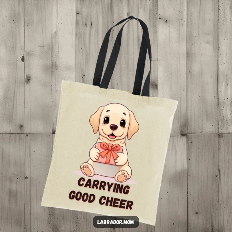 Funny Labrador tote bag with a dog presenting a perfectly wrapped gift, practical and charming, a funny gift.