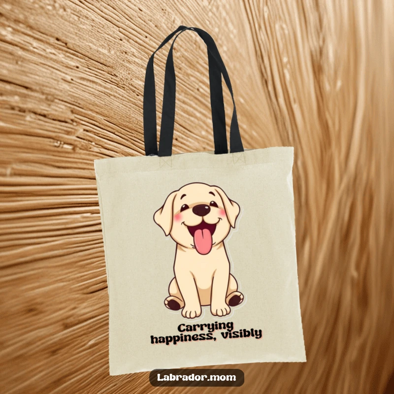 Funny kawaii Labrador dog happily panting with tongue out on a durable tote bag, full of joy.