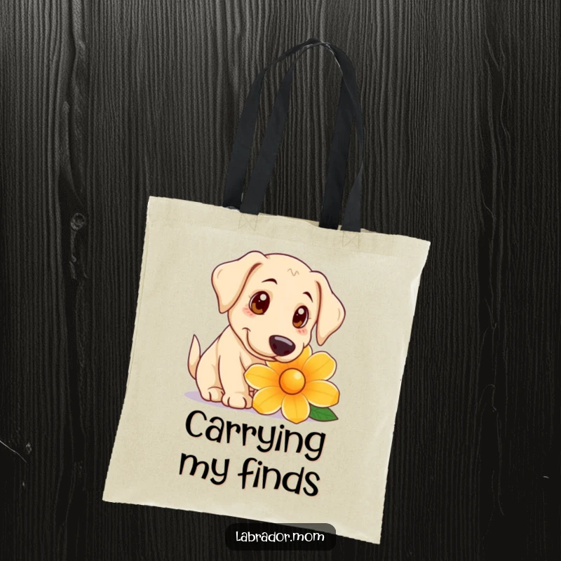Funny Tote Bag with a playful Labrador with big, curious eyes sniffing a giant flower, perfect for daily errands.