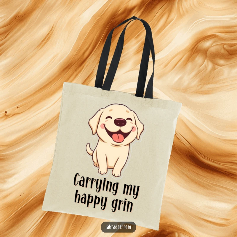 Funny kawaii Labrador tote bag with a cute dog sporting a big grin and tongue out, perfect for carrying essentials with humor and happiness.
