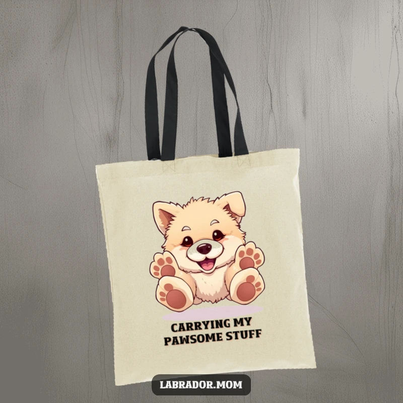 Funny Tote Bag showcasing a fluffy, happy dog with oversized paws playfully pouncing forward, ready for adventure and errands.