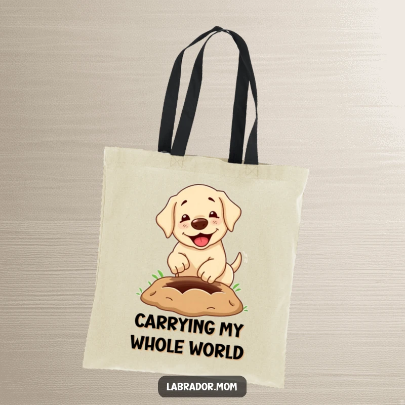 Funny Tote Bag: A charming kawaii labrador digging an oversized hole, ideal for carrying essentials with a humorous canine touch.
