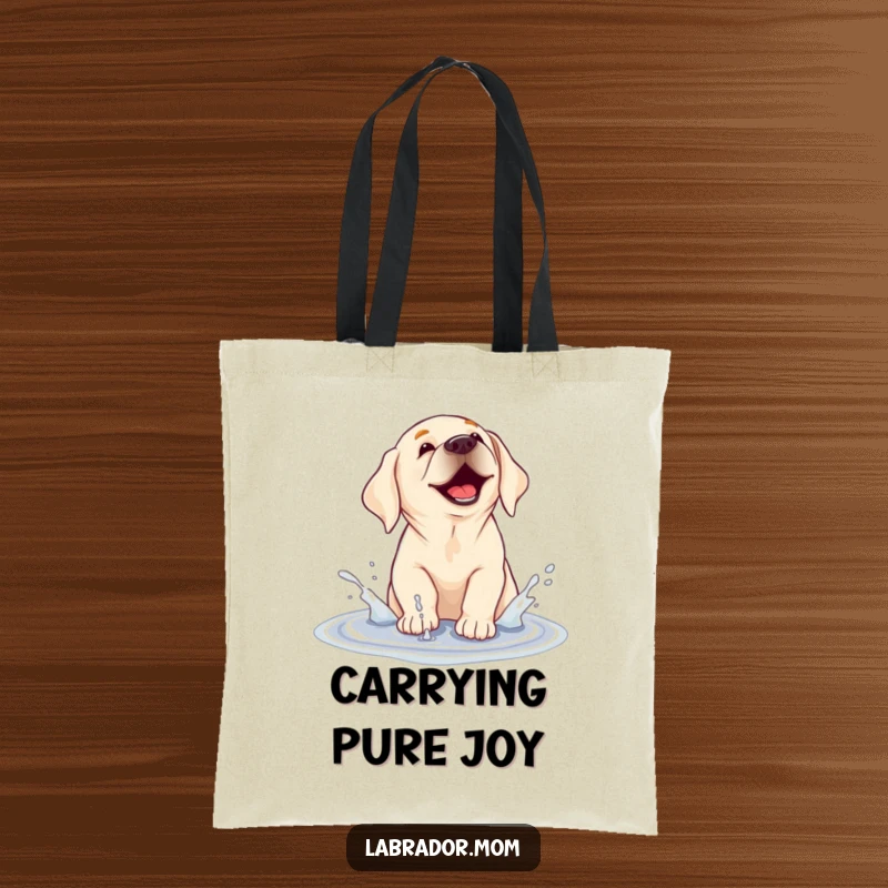 Funny tote bag depicting a labrador dog joyfully splashing in a puddle, embodying pure, unadulterated canine fun.