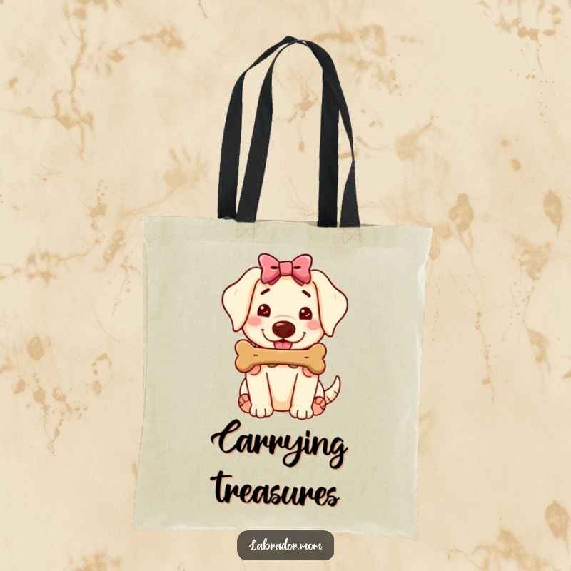 Funny Kawaii Labrador Tote Bag, cute dog wearing a bow offering a juicy bone, practical and heartwarming accessory, funny gift.