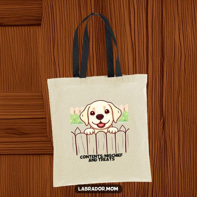 Funny kawaii Labrador dog peeking over a fence with a playful expression on a durable tote bag.