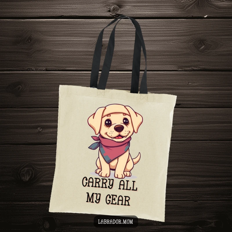 Funny Labrador dog wearing a bandanna, looking adventurous and ready to explore on a sturdy tote bag.