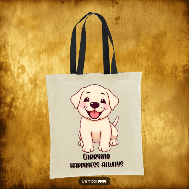 Funny smiling Labrador cub panting happily with a wagging tail on a durable tote bag, great for shopping.
