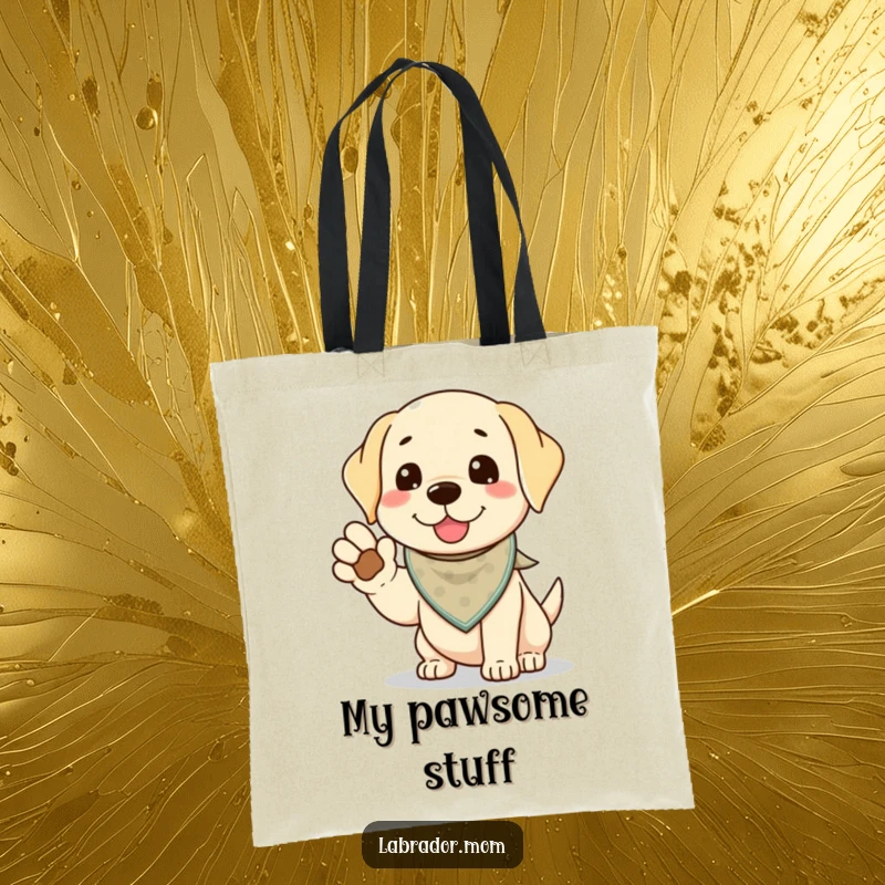 Funny Kawaii Labrador Tote Bag, a friendly lab wearing a bandana offers its paw for a high-five, a gesture of cheerful connection