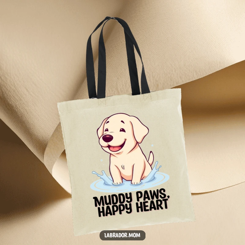 Funny Tote Bag: A happy kawaii Labrador with a goofy grin splashes in a puddle, perfect for carrying dog gear.