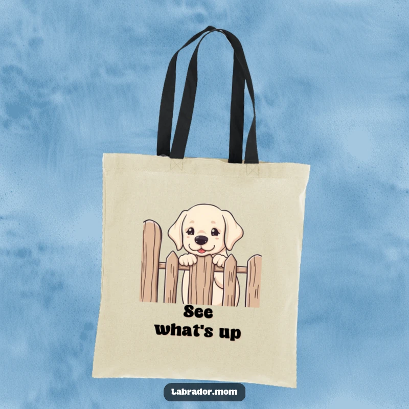 Funny kawaii Labrador peeking over a fence with a curious and friendly demeanor, a durable and humorous tote bag.
