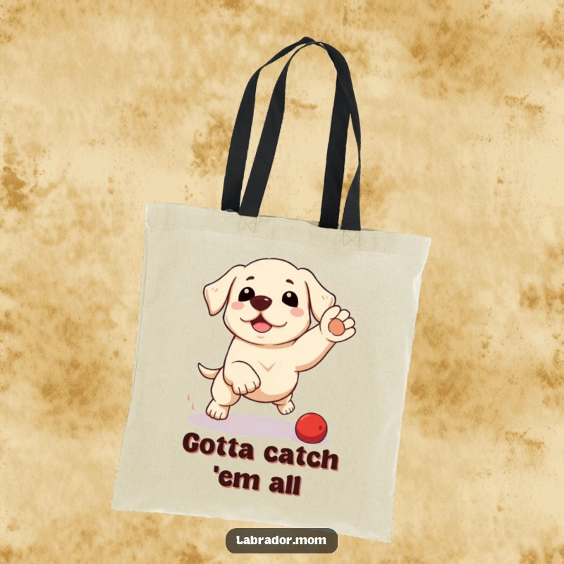 Funny kawaii Labrador tote bag with a cute dog in a playful pounce, perfect for carrying essentials with a humorous and adorable touch.