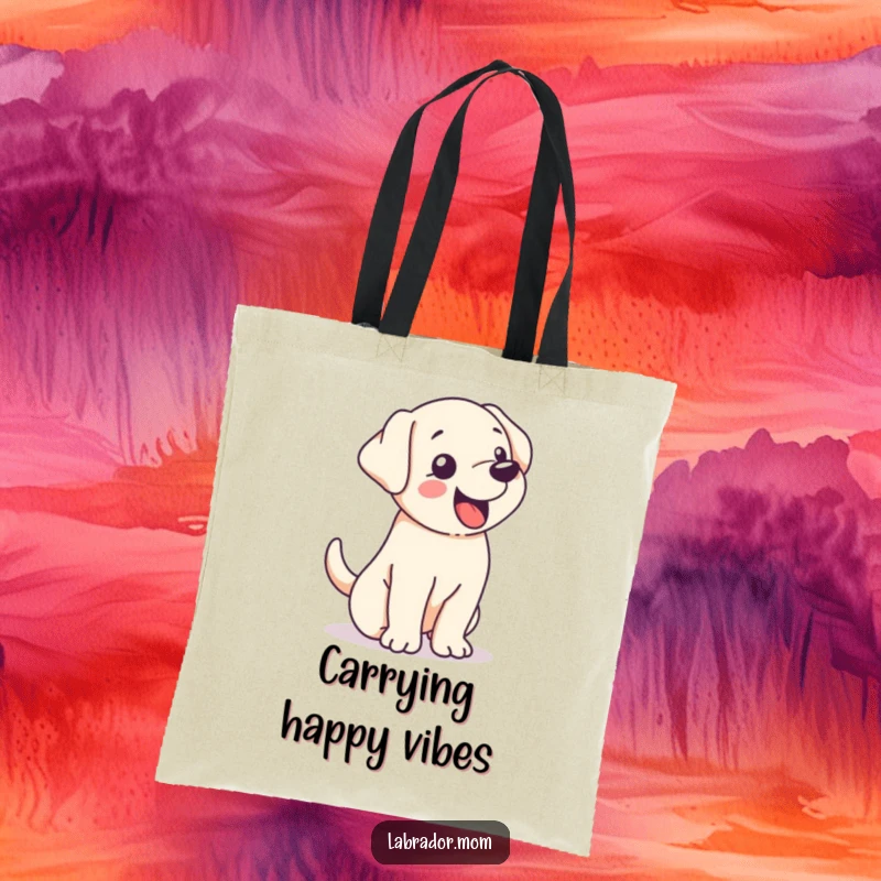 Funny kawaii Labrador wagging its tail so hard its whole body shakes with glee, a durable and humorous tote bag.