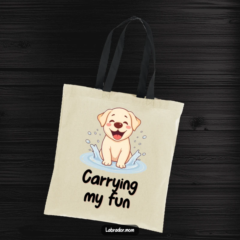 Funny Kawaii Labrador tote bag, joyfully splashing in a puddle, water spraying, decorated with a cute, energetic dog design.