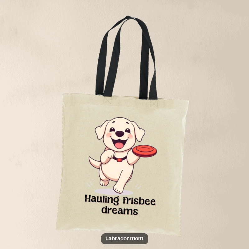 Funny Kawaii Labrador tote bag, a practical bag with a happy dog grinning while chasing a frisbee, perfect for errands.