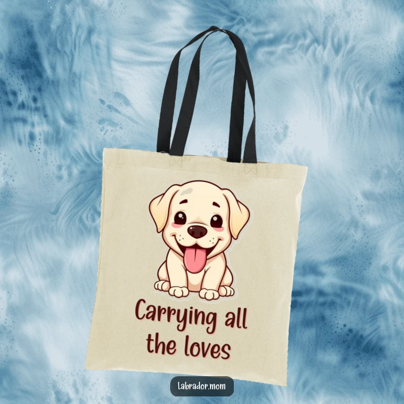 Funny kawaii Labrador tote bag featuring a happy, panting dog with its tongue out, perfect for carrying essentials with adorable flair.