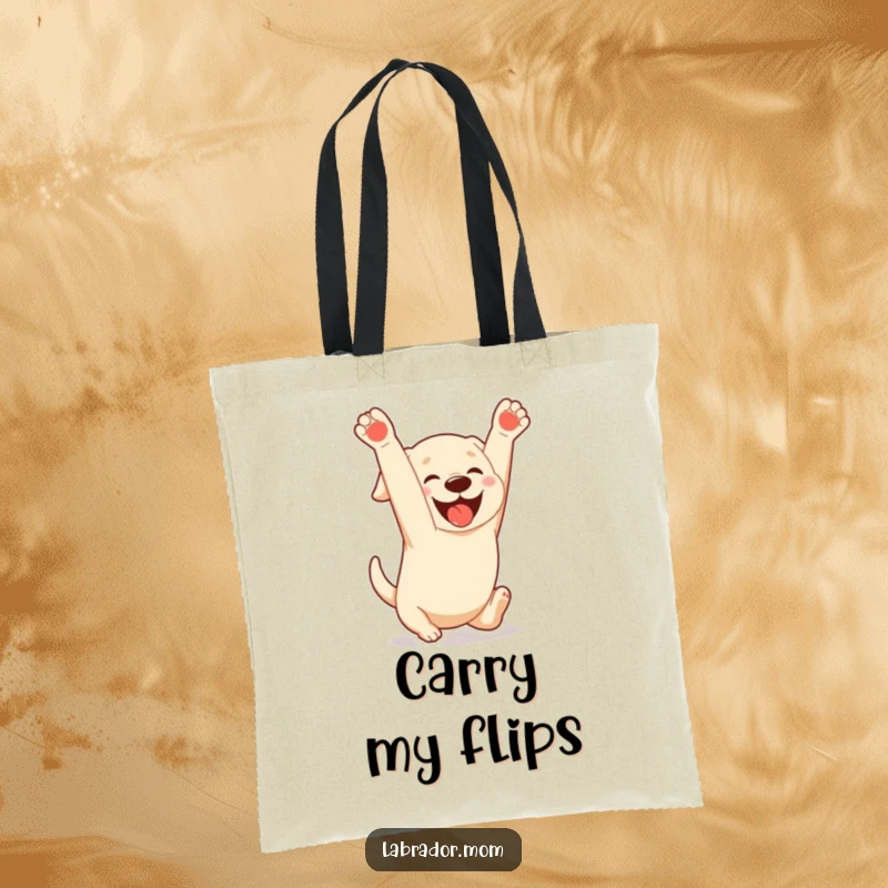 Funny Kawaii Labrador tote bag depicting a dog doing a playful somersault with a gleeful expression, great for carrying fun.