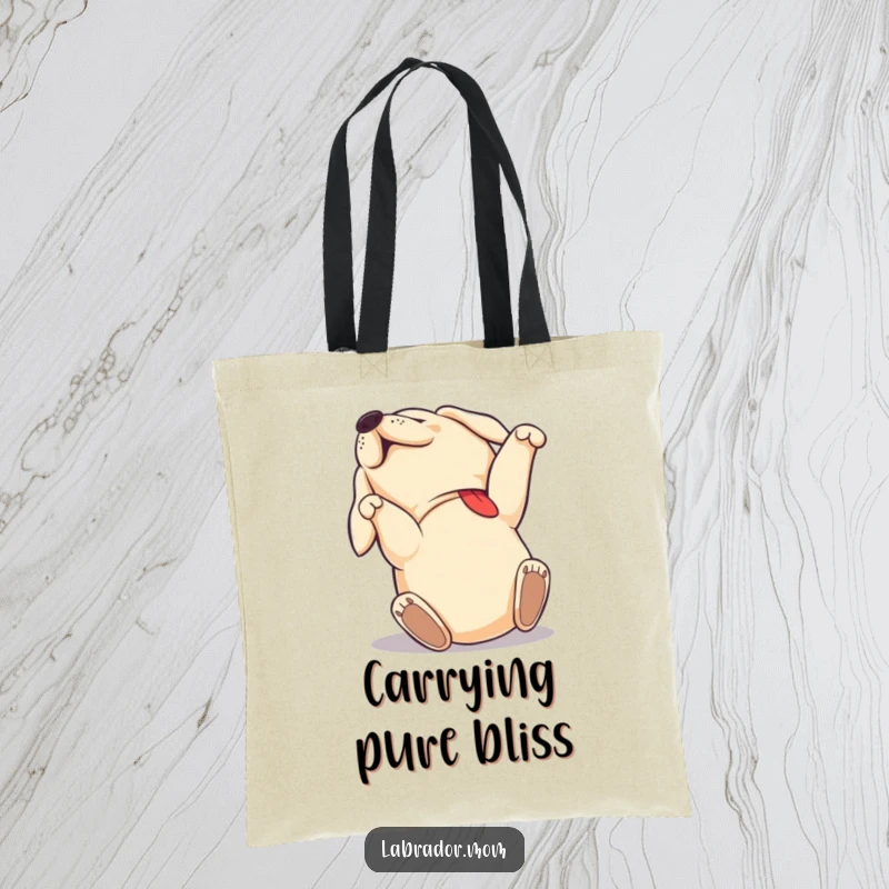 Funny Labrador tote bag showing a dog rolling on its back with pure joy, practical and happy, a funny gift.