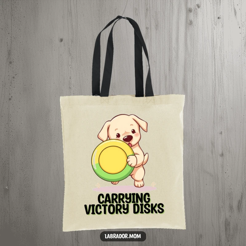 Funny Labrador puppy tote bag illustration of a cute cub fetching a colorful Frisbee.