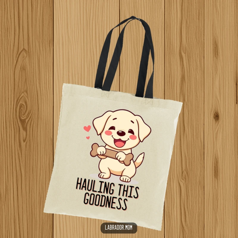 Funny Kawaii Labrador Tote Bag with a happy dog wagging its tail and holding a bone, a cheerful carry-all.