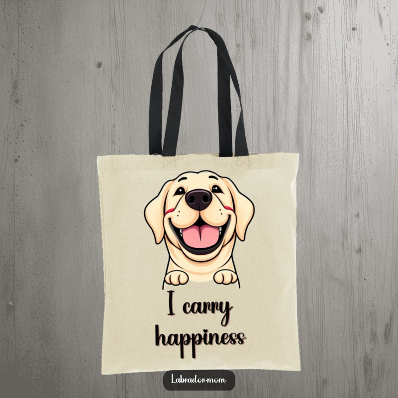 Funny tote bag adorned with a labrador dog's incredibly wide, cheerful, and comical grin, showcasing pure canine delight.
