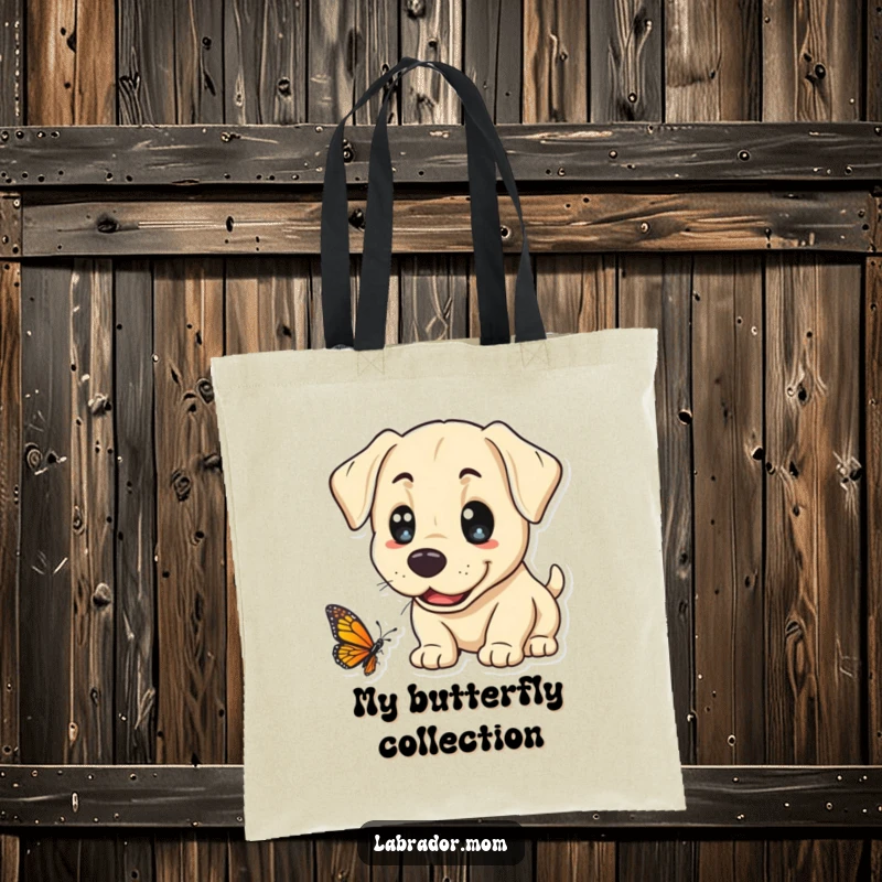 Funny Kawaii Labrador Tote Bag, a cute lab inquisitively sniffs a butterfly, showcasing a delightful blend of nature appreciation and canine charm