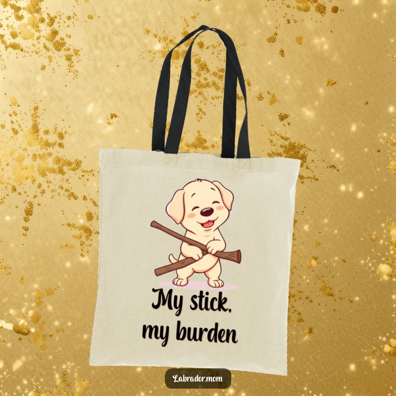 Funny Kawaii Labrador Tote Bag, a darling yellow lab heroically attempts to maneuver a comically large stick, a scene of pure joy