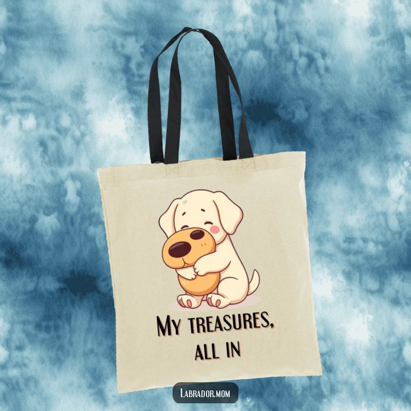 Funny kawaii Labrador dog hugging a big squeaky toy on a durable tote bag, a cheerful accessory.