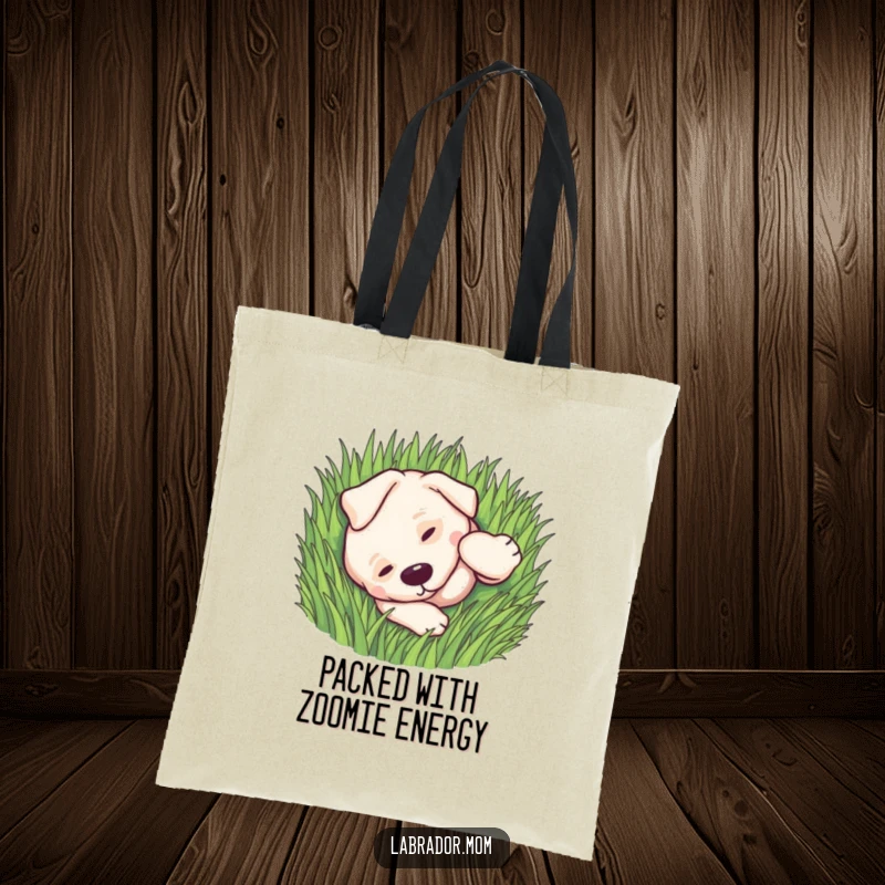 Funny kawaii Labrador dog rolling playfully in green grass on a durable tote bag, full of joy.